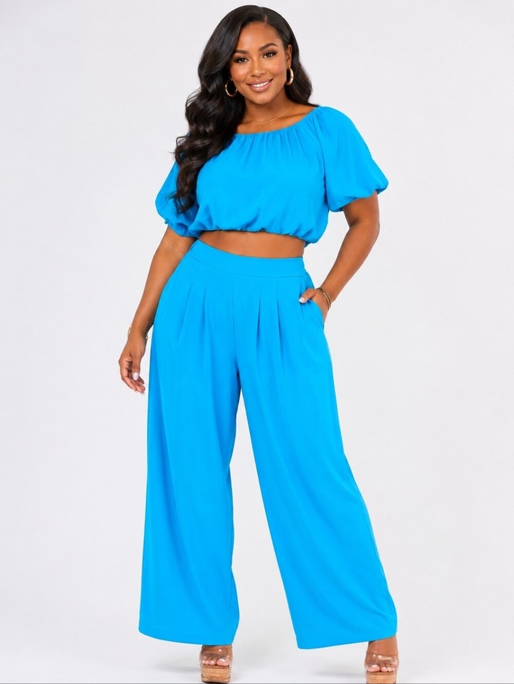 NEW! 2 Pc Cropped Puff Sleeve Top & Wide Leg Pants in Bright Blue, NWT